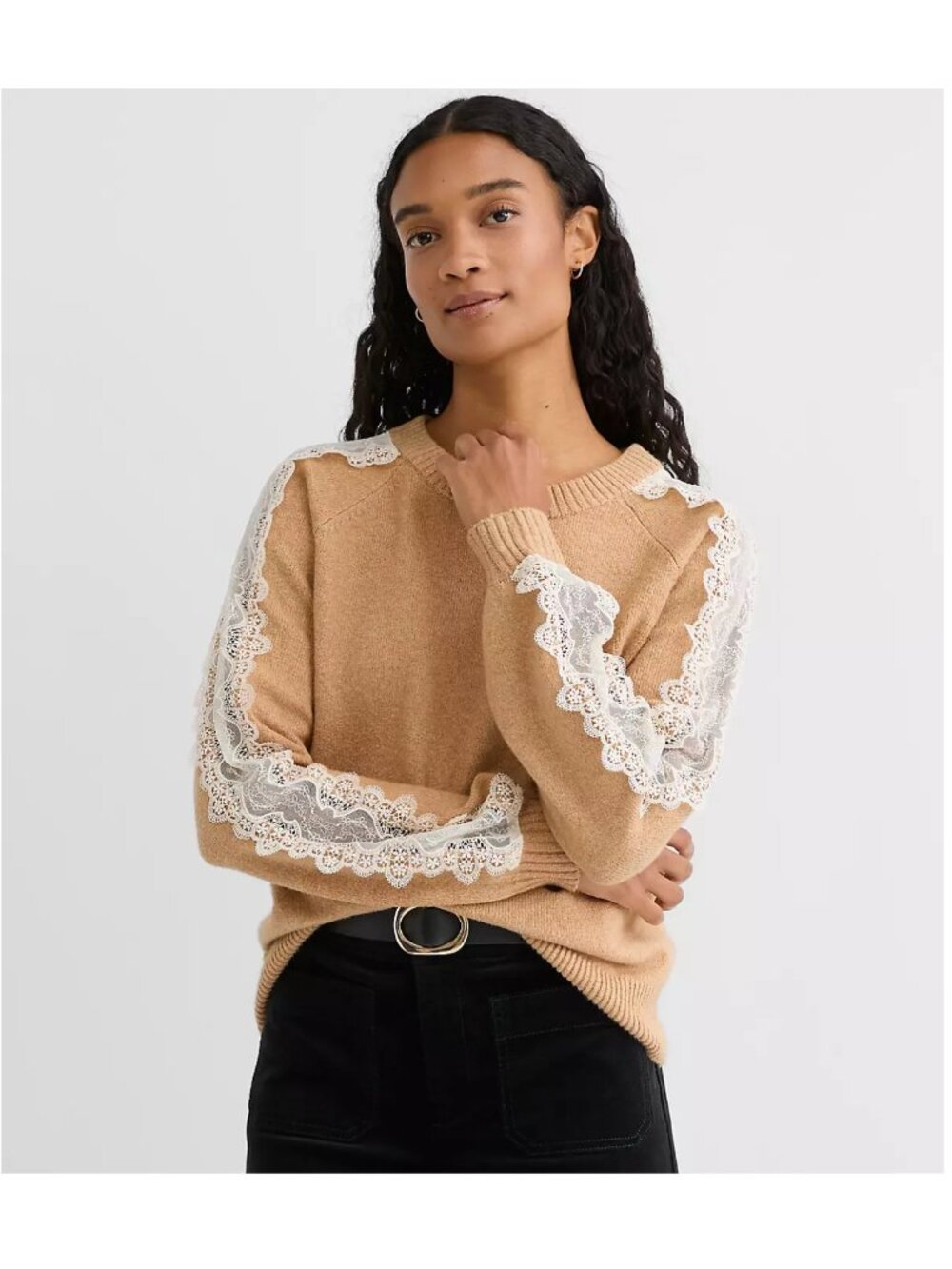 LOFT Lace Sleeve Crewneck Sweater in Tan Brown Size M